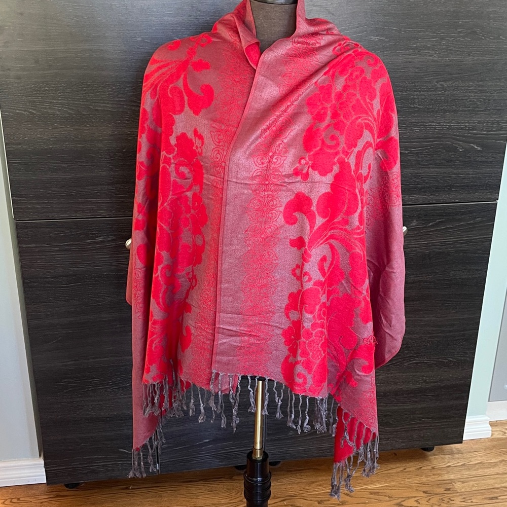 Pashmina Red And Greyish Silver Fringe Cashmere Blend